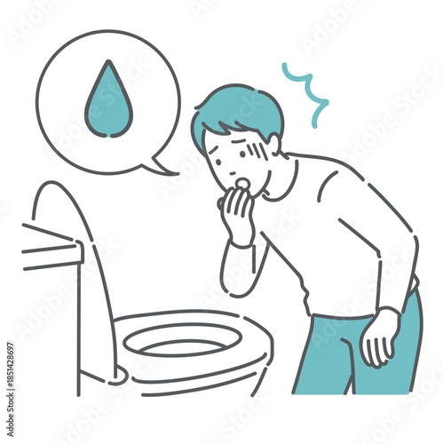 トイレで「血便・出血」を確認して驚愕する男性のイラスト（吹き出し・痔・大腸がん）
