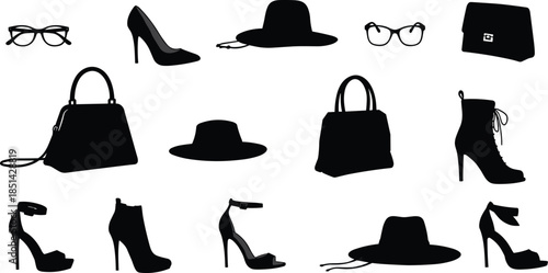 Fashion silhouettes, stylish hats, trendy handbags, elegant high heels, chic eyewear, modern accessories, women’s footwear, timeless style, fashion design, 