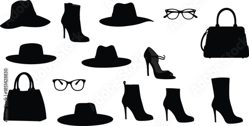 Fashion silhouettes, stylish accessories, hats, high heels, handbags, eyeglasses, footwear design, fashion illustration, retail catalog, minimalist style, modern fashion art