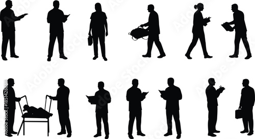 Medical silhouettes, healthcare professionals, doctors with clipboards, nurses assisting patients, hospital bed 