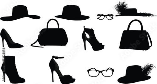 Fashion silhouettes, stylish hats, trendy handbags, elegant high heels, modern accessories, eyewear, footwear, women’s fashion, style icons, timeless design