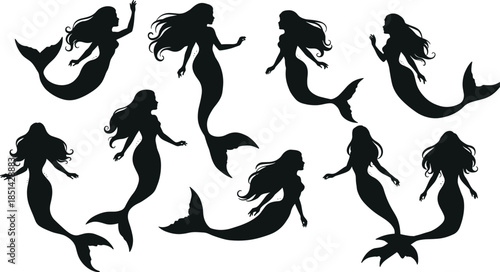 Mermaid silhouettes, fantasy sea creatures, ocean illustration, mythical artwork, aquatic design, mermaid artwork, underwater fantasy, silhouette art, 
