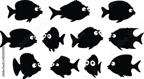 Fish silhouettes, cartoon fish, underwater animals, marine life, ocean creatures, aquatic illustration, swimming fish, biology study, educational design, playful artwork