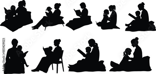 Mother reading book with child, family bonding, bedtime story, parent and kid silhouette vector illustration, education, love, parenting art designMother reading book with child, family 