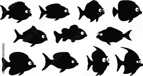 Fish silhouettes, cartoon fish, underwater animals, marine life, ocean creatures, aquatic illustration, swimming fish, playful design, biology study, educational reference
