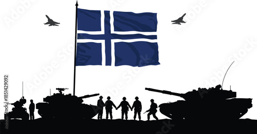 Iceland military illustration, silhouette soldiers, tanks and jets, defense concept art, Iceland flag background, alliance forces, war scene, national security design