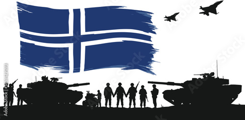Iceland military illustration, silhouette soldiers, tanks and jets, defense concept art, Iceland flag background, alliance forces, war scene, national security design