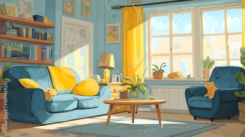 Cozy Living Room Interior with Blue Sofa and Yellow Accents.