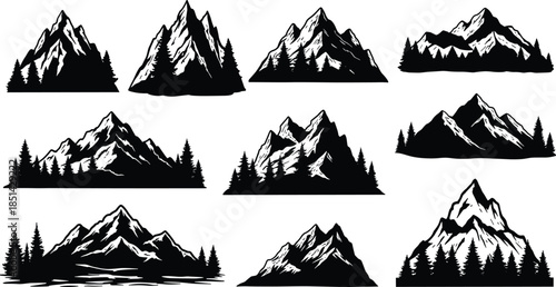 Mountain landscape silhouettes, pine trees, snow peaks, nature illustration, outdoor adventure, wilderness scenery, hiking inspiration, forest artwork, natural beauty, travel design