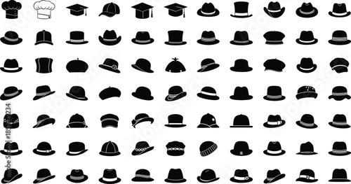 Large collection of various hat silhouettes including formal, casual, vintage, and modern headwear icons displayed in clean black vector style