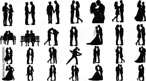 Romantic couple silhouette collection featuring love, wedding, kissing, hugging, dancing, and relationship moments for Valentine’s Day and romantic design projects.