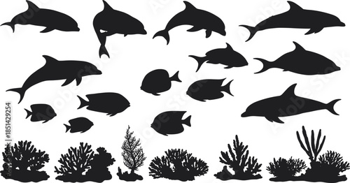 Marine life silhouettes, dolphin and fish illustration, underwater coral artwork, ocean wildlife design, aquatic ecosystem icons, sea animals, environmental nature, biology