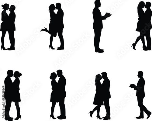 Romantic couple silhouettes, love poses, kissing and hugging, black figures, minimal design, emotional intimacy, relationship art, elegant romantic illustration