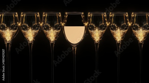Sparkling Wine Glasses in a Row, One Filled with White Wine, Against a Black Background