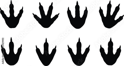 Set of bold black bird footprint silhouettes in repeating pattern, wildlife track icons for nature design, animal trail vector illustration elements