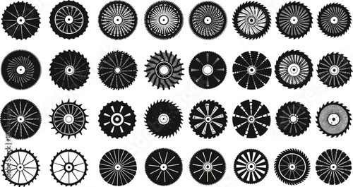 Gear illustration set, cogwheel vector icons, mechanical design, black and white gears, engineering shapes, industrial symbols, steampunk wheels, abstract graphics