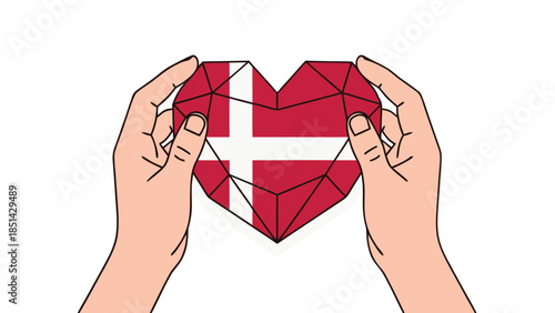 Hands Holding Danish Flag Heart: Love Denmark Concept