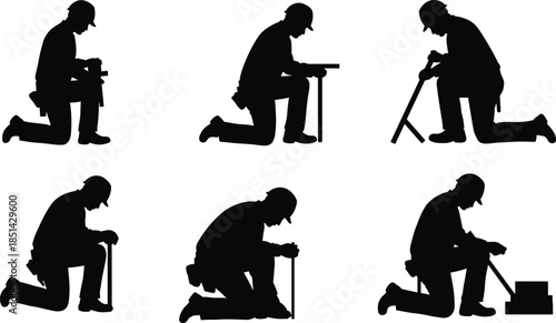 Silhouette construction worker kneeling with tools, measuring, marking, inspecting, carpentry technician illustration, manual labor precision, building work icon set