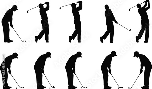 Golf player silhouette sequence showing professional swing technique, standing posture, putting positions, athletic movement and sports action for training 