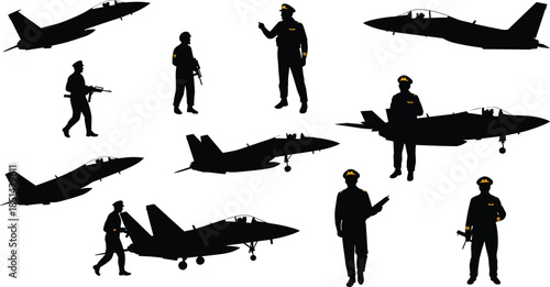 Military pilots and jet fighter silhouettes, aviation crew illustration, air force soldiers, modern aircraft design, armed personnel vector art