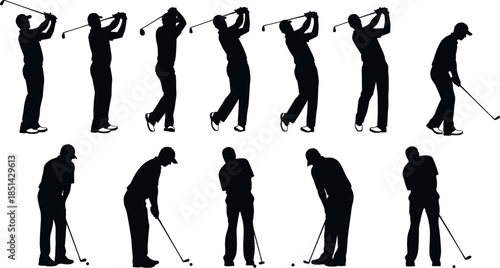 Golfer silhouette sequence showing complete swing motion, stance positions, putting technique, athletic movement and professional sports action for training illustrations