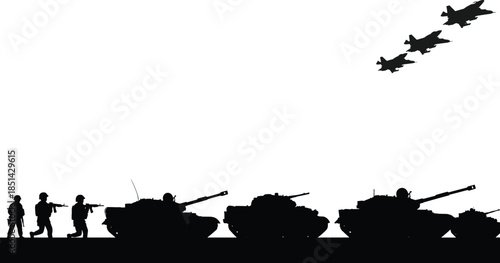 Military silhouette illustration, army tanks, fighter jets formation, soldiers marching, war concept art, defense forces, battle scene, black silhouette design
