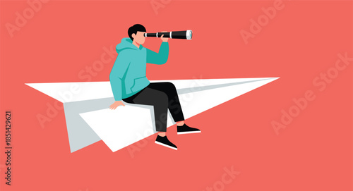 Man sitting on paper airplane looking through spyglass. Business vision and startup concept. Character searching for opportunities on paper plane. Vector illustration.