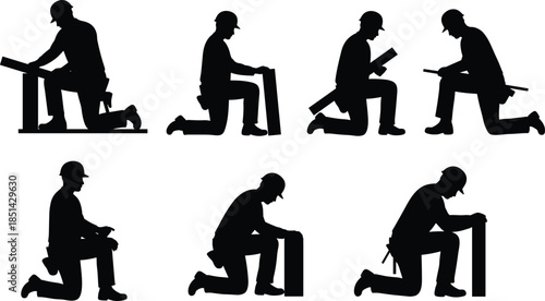 Silhouette construction workers kneeling with tools, measuring planks, carpentry labor illustration, manual work precision, building site technician, vocational training icon set