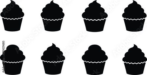 Silhouette cupcakes collection, black cupcake icons, dessert illustration, bakery design elements, frosting shapes, sweet food art, pastry graphic setSilhouette 