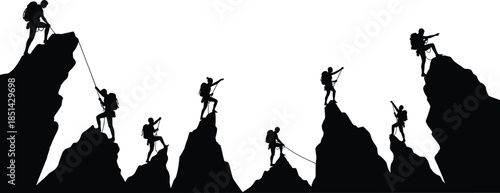 Group of hikers climbing steep mountain peaks with rope teamwork, adventure silhouette of mountaineers reaching summit, outdoor expedition success concept, nature landscape.