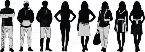 Group of casual people silhouettes, men and women standing in row, vector illustration isolated on white background for graphic design.