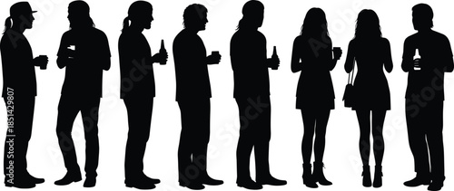 Silhouette group of people holding drinks, casual friends gathering, social event celebration, nightlife party crowd, teamwork unity, lifestyle concept illustration