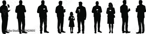 Silhouette group of professionals with child holding name tags, business event diversity, formal gathering, teamwork unity, corporate seminar illustration