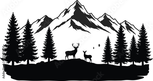 Silhouette mountain landscape with deer, pine trees, flying birds, wilderness nature scene, forest wildlife illustration, majestic mountains, outdoor adventure background