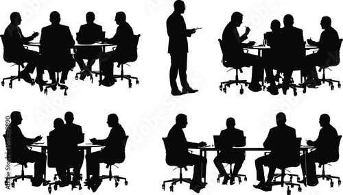 Silhouette of business professionals in meeting room, discussing corporate strategy, teamwork, leadership, collaboration, communication, and office management concept.