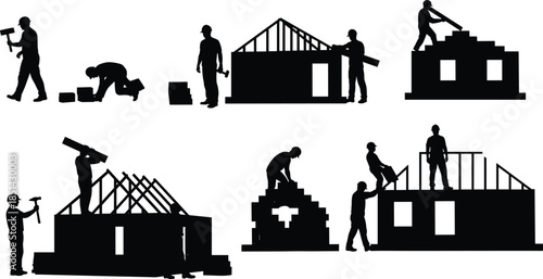 Silhouette of construction workers building houses, teamwork on construction site, architecture, labor, engineering, industrial development, home building, structure design.