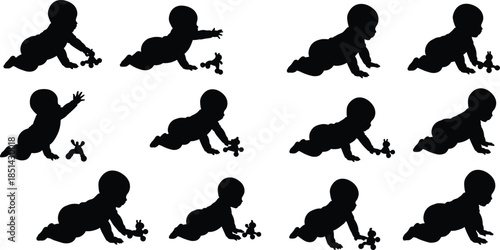 Silhouette of crawling baby playing with toy, adorable infant learning movement, child growth, early development, childhood exploration, and cute posture.