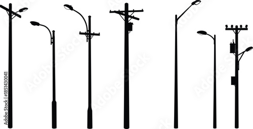 Silhouette of different street light poles and electric power poles with lamps, urban lighting infrastructure, and outdoor electricity design