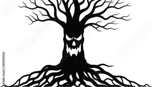 Halloween spooky tree silhouette, haunted forest design, creepy scary face tree, eerie dark artwork, sinister twisted branches, horror fantasy illustration