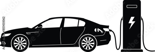 Silhouette of electric car charging at station, eco transport illustration, black outline design, sustainable energy concept, abstract green mobility art
