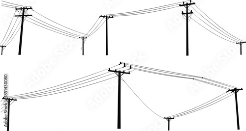 Silhouette of electric poles and power lines on white background, utility energy network infrastructure for urban electricity transmission concept