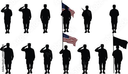 Military silhouettes saluting with American flags, patriotic armed forces illustration for service, respect, honor, defense, and national pride design