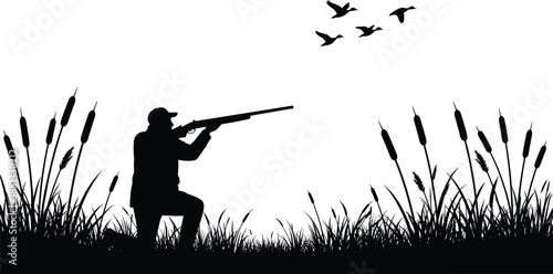 Hunter silhouette aiming shotgun, bird hunting scene, marshland grass illustration, outdoor wildlife activity, flying birds, nature sport, black and white design