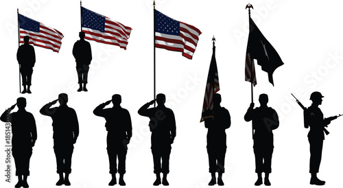 Military silhouettes with American flags, soldiers saluting and standing in honor, patriotic armed forces illustration for service, respect, and defense
