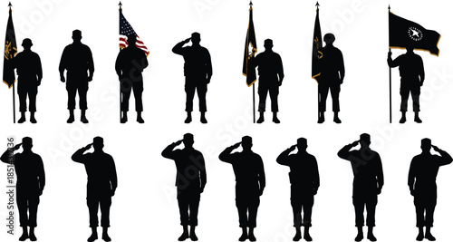 Military soldiers saluting with flags, patriotic army silhouettes, national honor tribute, armed forces respect illustration, veterans pride, service and bravery concept