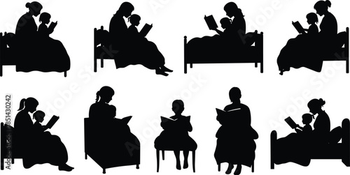 Mother reading bedtime stories with child, family love, parent and kid silhouette illustration, education, bonding, parenting, bedtime storytelling vector art