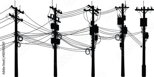 Silhouette of multiple electric poles with power lines, transformers, and street lights on white background, urban energy infrastructure, electricity system