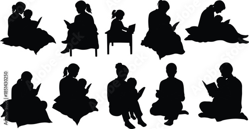 Mother reading book with child silhouette, family bonding, parenting illustration, bedtime story moment, education, love, care, parent and kid vector