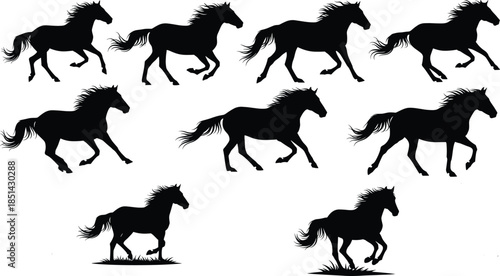 Horse silhouettes, galloping horses, running horse poses, equestrian design, animal motion, horse illustration, wild horses, horse artwork, animal locomotion, silhouette
