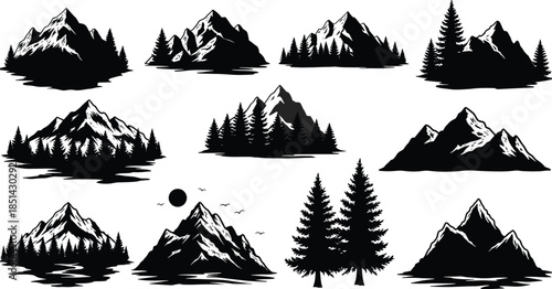 Mountain landscape silhouettes, pine trees, nature illustration, outdoor adventure, wilderness scenery, hiking inspiration, forest artwork, dramatic peaks, natural beauty, travel design